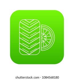Tire icon green vector isolated on white background
