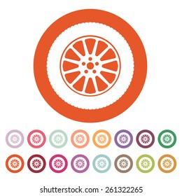 The tire icon. Wheel symbol. Flat Vector illustration. Button Set