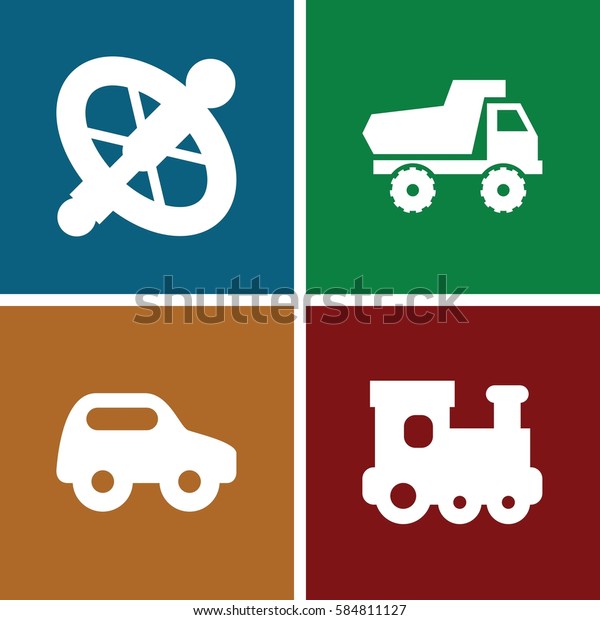 tire icons set. Set of 4 tire filled icons such as\
toy car, train toy