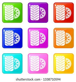 Tire icons set 9 color collection isolated on white for any design