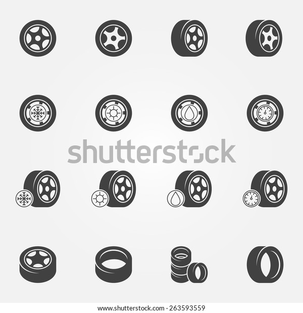 Tire\
icons set - vector wheel tyre symbols and\
logos