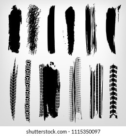 Tire imprints, paint, ink brush strokes, brushes, mud lines and scratches. Dirty artistic design elements. Editable vector illustration. Grunge elements set.