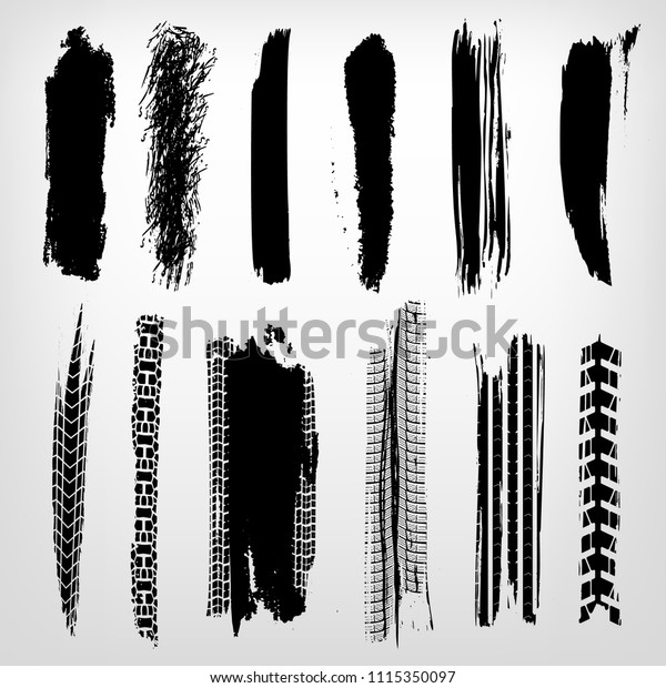 Tire imprints, paint,\
ink brush strokes, brushes, mud lines and scratches. Dirty artistic\
design elements. Editable vector illustration. Grunge elements\
set.