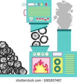 Tire incineration plant. Machinery with an oven incinerating old tires. Pile of tires on the side. Smoke from the burning coming out of the chimney.