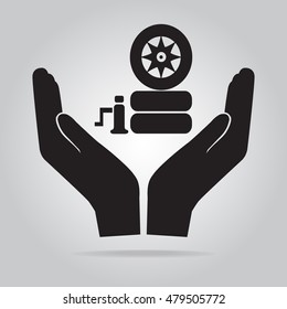 Tire and jack in hand icon. Protection or care, car service concept