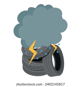 Tire junkyard icon isometric vector. Old worn car tire and storm cloud with rain. Environmental pollution