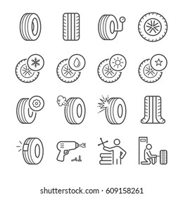 Tire line icon set. Included the icons as tyre, technician, mechanic, flat tire, broken tired, screw and more.