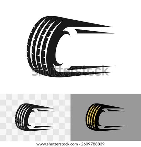 Tire logo dynamic style black car wheel icon with speed moving lines and placeholder for company name text