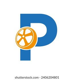 Tire Logo On Letter P, Automotive Symbol , Tire Icon Vector Template