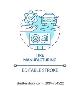 Tire Manufacturing Turquoise Concept Icon. Automotive Industry Abstract Idea Thin Line Illustration. Digital Twin. Isolated Outline Drawing. Editable Stroke. Roboto-Medium, Myriad Pro-Bold Fonts Used