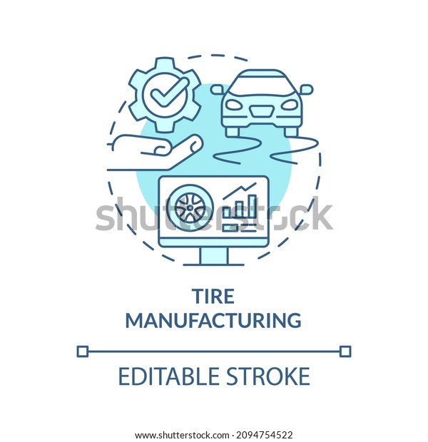 Tire manufacturing turquoise concept icon.\
Automotive industry abstract idea thin line illustration. Digital\
twin. Isolated outline drawing. Editable stroke. Roboto-Medium,\
Myriad Pro-Bold fonts\
used