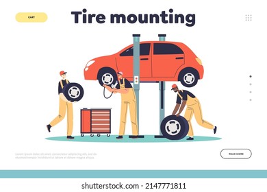 Tire mounting concept of landing page with auto mechanic service center staff changing tyre for balancing car. Assembling garage workers mounting vehicle. Cartoon flat vector illustration