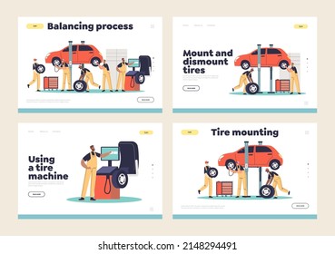 Tire mounting concept of landing pages set with car service workers fitting and mounting tyre on vehicles using balance and computer. Cartoon flat vector illustration