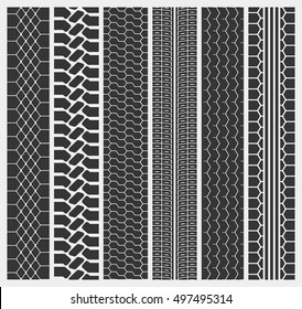 Tire ot tyre of a car or automobile, truck or lorry trail patterns on dirty ground or road street asphalt. Multiple rubber protector path texture or stamp. Good for street drive and vehicle theme