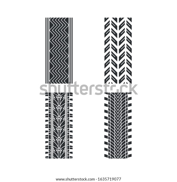 Tire patterns black glyph icons set on white\
space. Detailed automobile, motorcycle, bike tyre marks. Car summer\
and winter wheel trace. Tire trail. Silhouette symbols. Vector\
isolated illustration