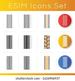 Tire patterns icons set. Detailed automobile, motorcycle, bike tyre marks. Car summer and winter wheel trace. Vehicle tire trail. Linear, black and RGB color styles. Isolated vector illustrations