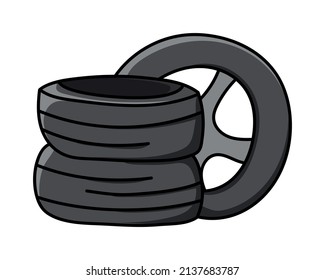 Tire pile icon colored hand drawn doodle vector illustration. Isolated on a white background. Element for label, packaging, merchandise, logo, book, showcase, web, mobile, booklet, brochure.