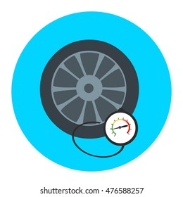 Tire pressure gauge. Checking tire pressure. Gauge, manometer. Car safe concept. Sign, wheel car with instrument measures pressure. Icon tire.