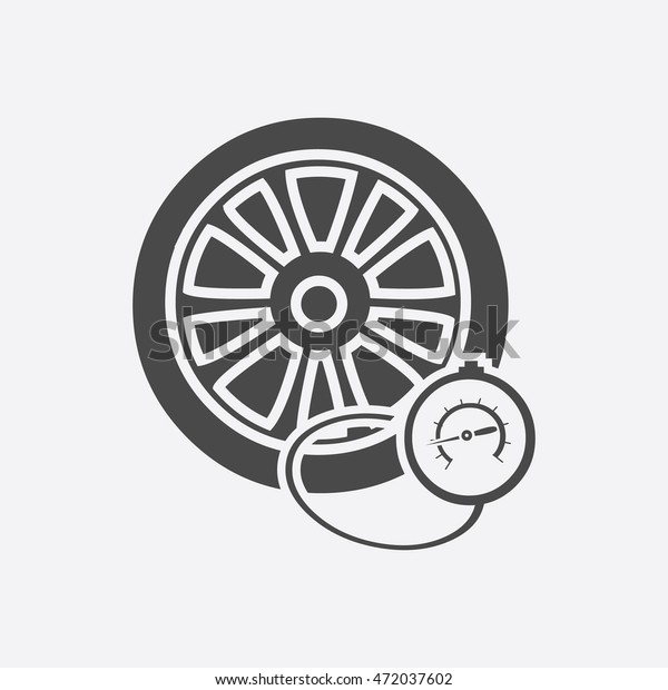 Tire pressure gauge. Checking tire pressure. Gauge,\
manometer. Car safe concept. Sign, wheel car with instrument\
measures pressure. Icon\
tire.
