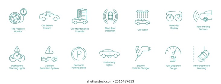 Monitor de pressão de pneus, sistema estéreo do carro, lista de verificação da manutenção do carro, detecção de ponto cego, lavagem do carro, Head-Up Display, sensores de estacionamento traseiro, painel de controle luzes de aviso ícone de vetor