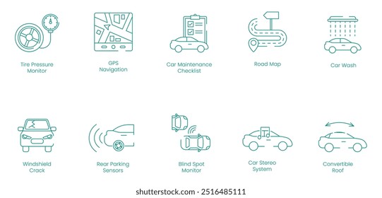 Monitor de presión de neumáticos, Navegación GPS, Lista de verificación de mantenimiento del automóvil, Mapa de ruta, Lavado de autos, Grieta del parabrisas, Sensores de estacionamiento trasero, Monitor de punto ciego, Sistema estéreo para automóvil, Conjunto de iconos de Vector de techo convertible