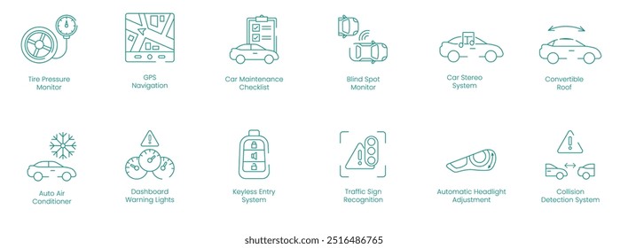 Monitor de presión de neumáticos, Navegación GPS, Lista de verificación de mantenimiento del coche, Monitor de punto ciego, Sistema estéreo del coche, Techo convertible, Aire acondicionado automático, Luces de advertencia del tablero de instrumentos Conjunto de iconos de Vector