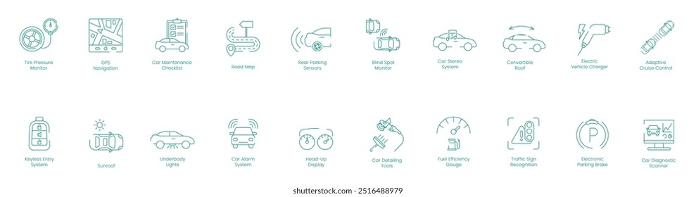 Monitor de presión de neumáticos, Navegación GPS, Lista de verificación de mantenimiento del automóvil, Mapa de ruta, Sensores de estacionamiento trasero, Monitor de punto ciego, Sistema estéreo para automóvil, Techo convertible, Cargador de vehículo eléctrico, Conjunto de iconos de Vector