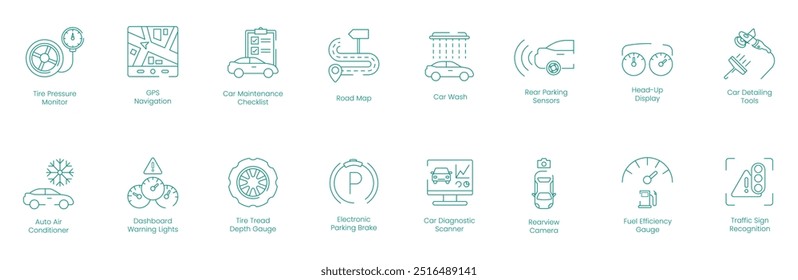 Monitor de pressão dos pneus, navegação GPS, lista de verificação de manutenção do carro, mapa de estrada, lavagem de carro, sensores de estacionamento traseiro, Head-Up Display, ferramentas de detalhamento do carro, conjunto de ícone de vetor auto ar condicionado