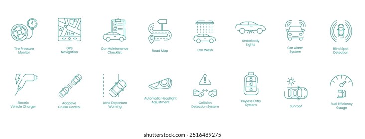 Monitor de presión de neumáticos, Navegación GPS, Lista de verificación de mantenimiento del coche, Mapa de ruta, Lavado de coches, Luces de la carrocería, Sistema de alarma del coche, Detección de punto ciego, Cargador de vehículo eléctrico conjunto de iconos de Vector