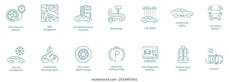 Monitor de pressão de pneu, navegação GPS, lista de verificação de manutenção de carro, mapa de estrada, lavagem de carro, luzes do subcorpo, sistema de alarme de carro, auto ar condicionado, painel luzes de aviso ícone de vetor conjunto