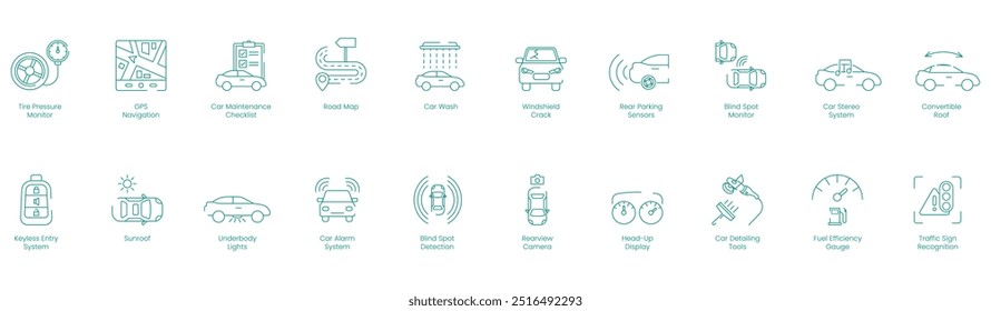 Monitor de presión de neumáticos, Navegación GPS, Lista de verificación de mantenimiento del automóvil, Mapa de ruta, Lavado de autos, Grieta del parabrisas, Sensores de estacionamiento trasero, Monitor de punto ciego, Sistema estéreo para automóvil, Conjunto de iconos de Vector de techo convertible