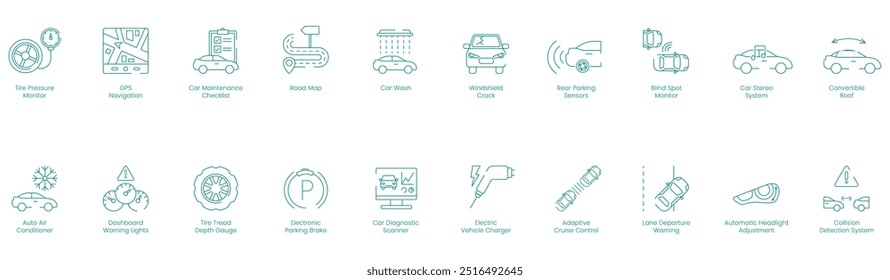 Monitor de presión de neumáticos, Navegación GPS, Lista de verificación de mantenimiento del automóvil, Mapa de ruta, Lavado de autos, Grieta del parabrisas, Sensores de estacionamiento trasero, Monitor de punto ciego, Sistema estéreo para automóvil, Conjunto de iconos de Vector de techo convertible