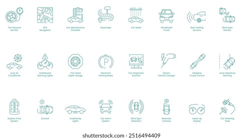 Monitor de presión de neumáticos, Navegación GPS, Lista de verificación de mantenimiento del automóvil, Mapa de ruta, Lavado de automóviles, Grieta del parabrisas, Sensores de estacionamiento trasero, Monitor de punto ciego, Conjunto de iconos de Vector de aire acondicionado automático