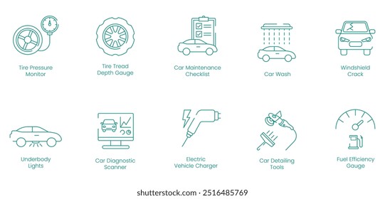 Monitor de pressão do pneu, medidor de profundidade do piso do pneu, lista de verificação da manutenção do carro, lavagem do carro, cremalheira do para-brisas, luzes do subcorpo, scanner de diagnóstico do carro, conjunto de ícone do vetor do carregador do veículo elétrico