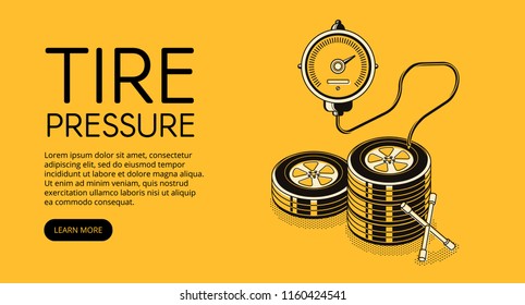 Tire pressure pumping vector illustration of car auto service station advertisement. Manometer and lug wrench tool in isometric black thin line design on yellow halftone background