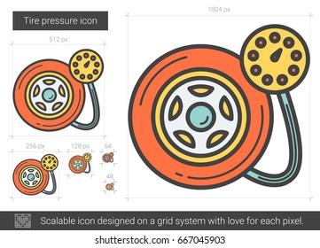 Icono de línea vectorial de presión de neumáticos aislado en fondo blanco. Icono de la línea de presión de neumáticos para infografía, sitio web o aplicación. Icono escalable diseñado en un sistema de cuadrícula.