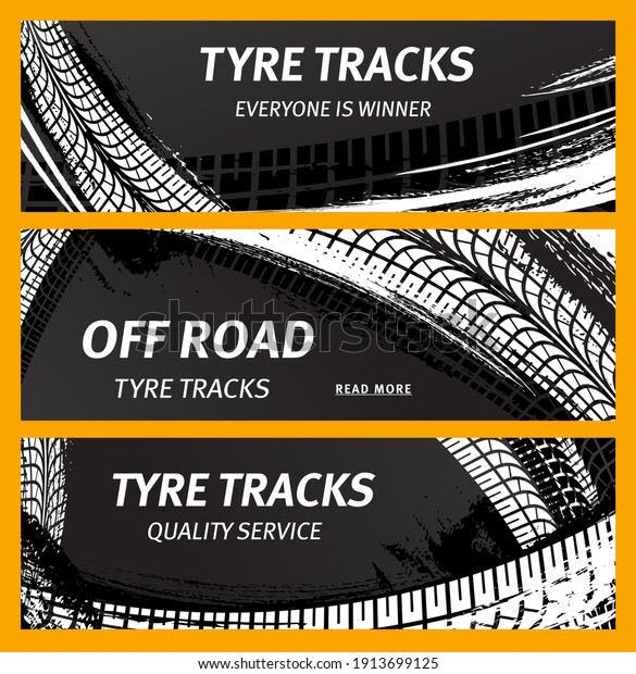 Tire prints, car tyre tracks with grunge stained\
vector marks and spots. Transportation dirty wheels trace, auto\
service or bike race, vehicle monochrome pattern, graphic textured\
design banners set
