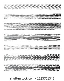 Tire prints, grunge offroad car tyres track, isolated vector marks. Bike race, vehicle, transportation dirty wheels trace. Rubber tires , automobile or bicycle drag. Monochrome graphic prints set