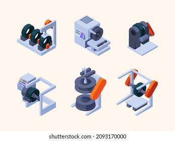 Tire Production. Automotive Gear Machinery Production Stages Industrial Technology Services For Making Tires Garish Vector Isometric Illustrations Isolated