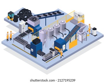 Tire Production Isometric Background With Manufacturing Stages From Raw Materials Till Control Quality Of Finished Product Vector Illustration