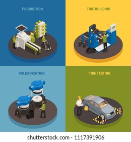 Tire production isometric design concept with industrial equipment and staff product creation and testing isolated vector illustration