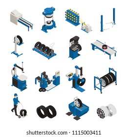 Tire Production Isometric Icons With Industrial Equipment For Manufacturing And Maintenance Of Automobile Wheel Isolated Vector Illustration   