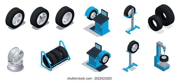 Tire production service colored and isometric icon set different types and sizes of tires and different aluminium wheels vector illustration