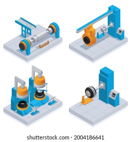 Tire production service isometric colored icon set four different tire manufacturing machines in the factory vector illustration