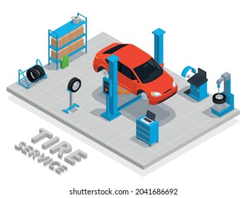 Tire production service isometric concept with tire service description and technical tools and equipment vector illustration