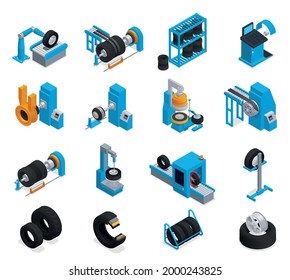 Tire production service isometric icon set the different stages of production at the factory vector illustration