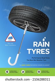 Tire rain. Avoid car accidents with hydroplaning or tire hydroplaning. Summer new car tyre with umbrella. Tire with water drops on cloud background blue. Car wheel passes through during the rain.