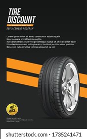 Tire realistic  banner. Car wheel repair and auto rubber advertising flyer, automobile information brochure with tyre sale offer. Vector image quality auto service promo poster.