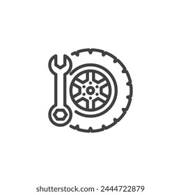 Tire Repair service line icon. linear style sign for mobile concept and web design. Car wheel and wrench outline vector icon. Car service symbol, logo illustration. Vector graphics