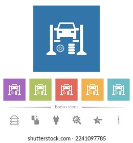 Tire repair shop flat white icons in square backgrounds. 6 bonus icons included.